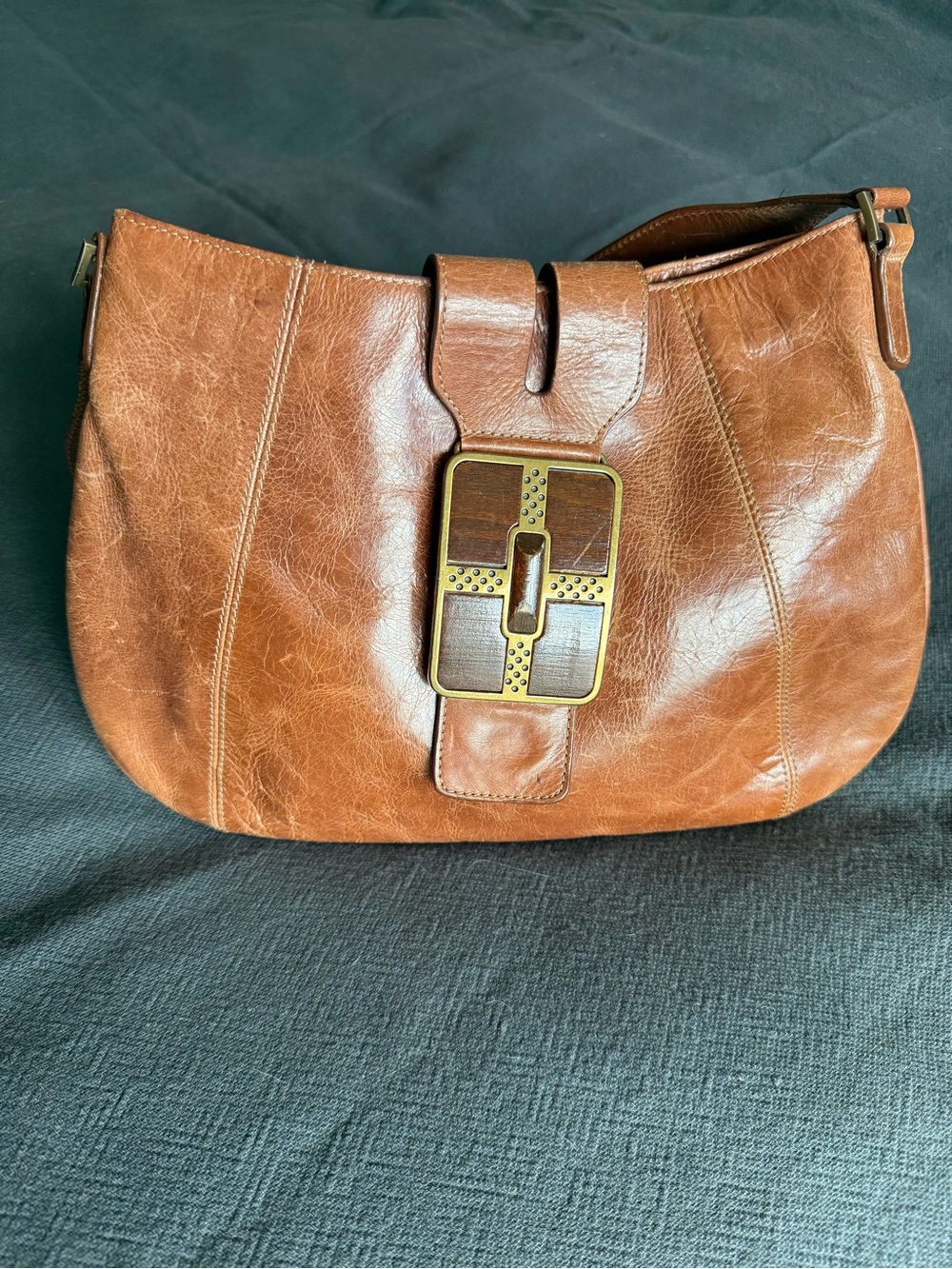 VINTAGE Fina Firenze Brown Leather Mod Wood Buckle Saddle Bag Boho